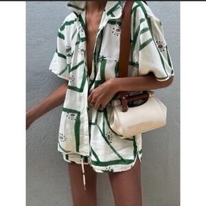 Matching Set Short Sleeve Top & Shorts Green Print Vacation Loungewear